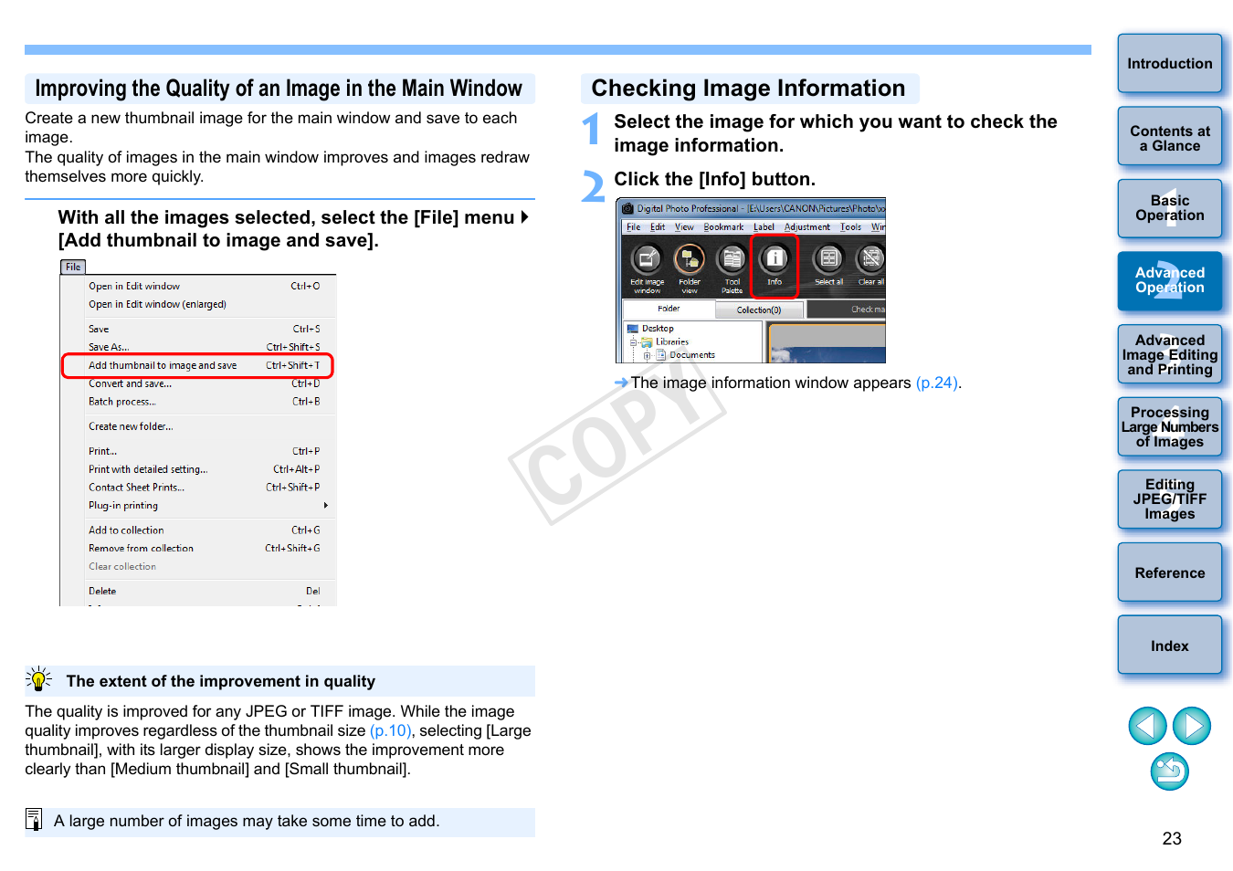 P.23, P.23), Checking image information | Cop y | Canon EOS 60DA User Manual | Page 24 / 150