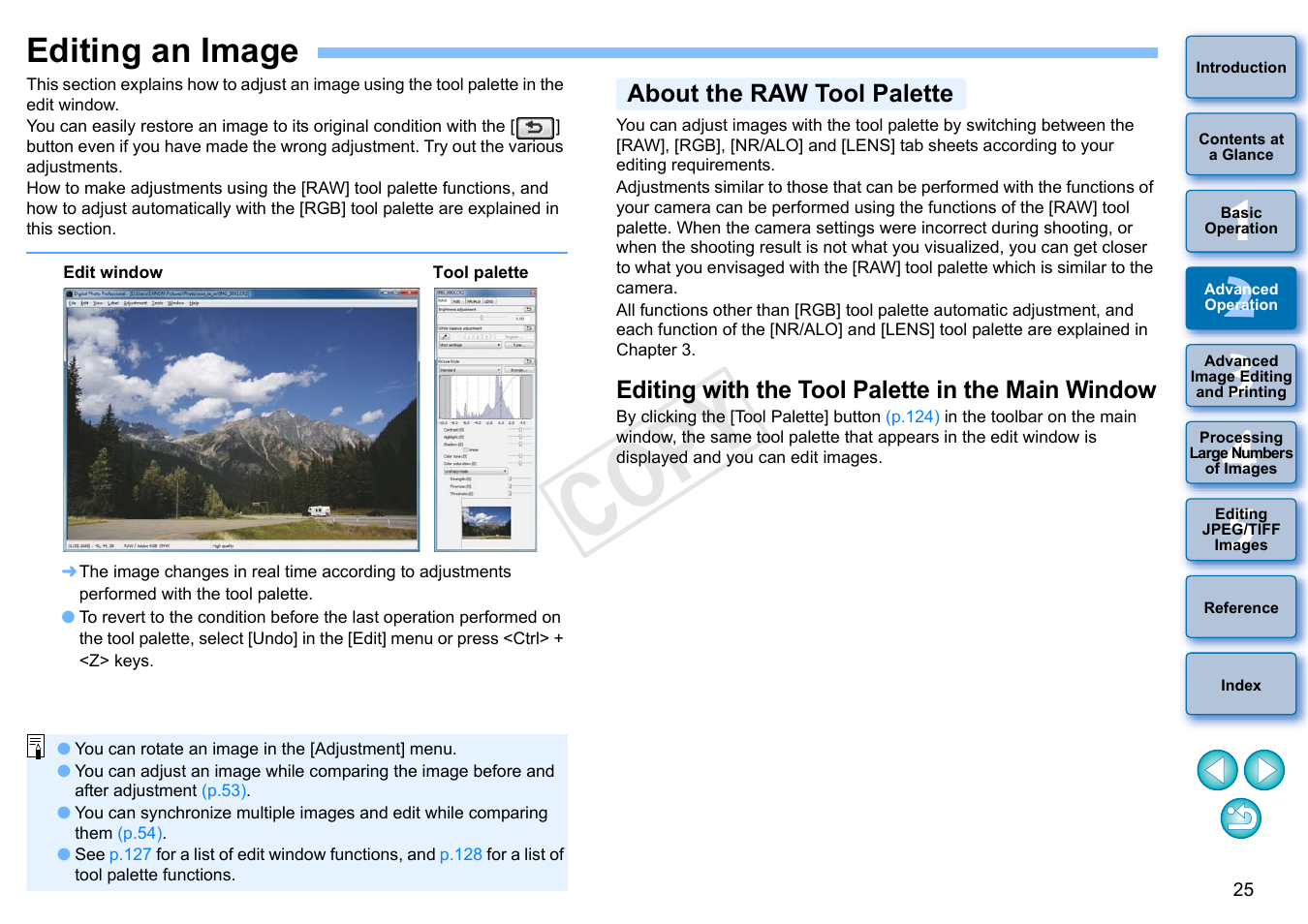 Editing an image, About the raw tool palette, Editing with the tool palette in the main window | Cop y | Canon EOS 60DA User Manual | Page 26 / 150