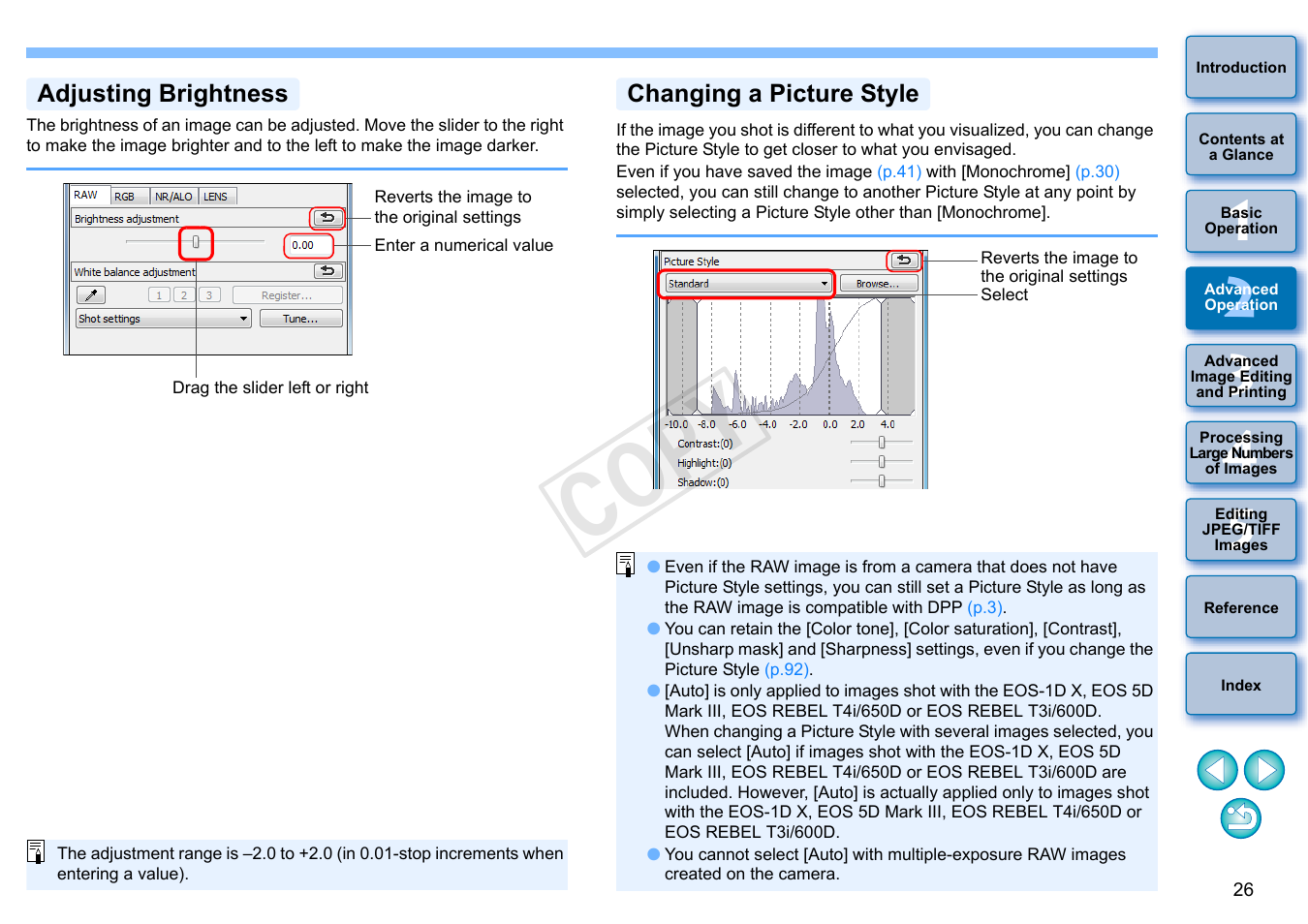 P.26, Adjusting brightness, Changing a picture style | Cop y | Canon EOS 60DA User Manual | Page 27 / 150