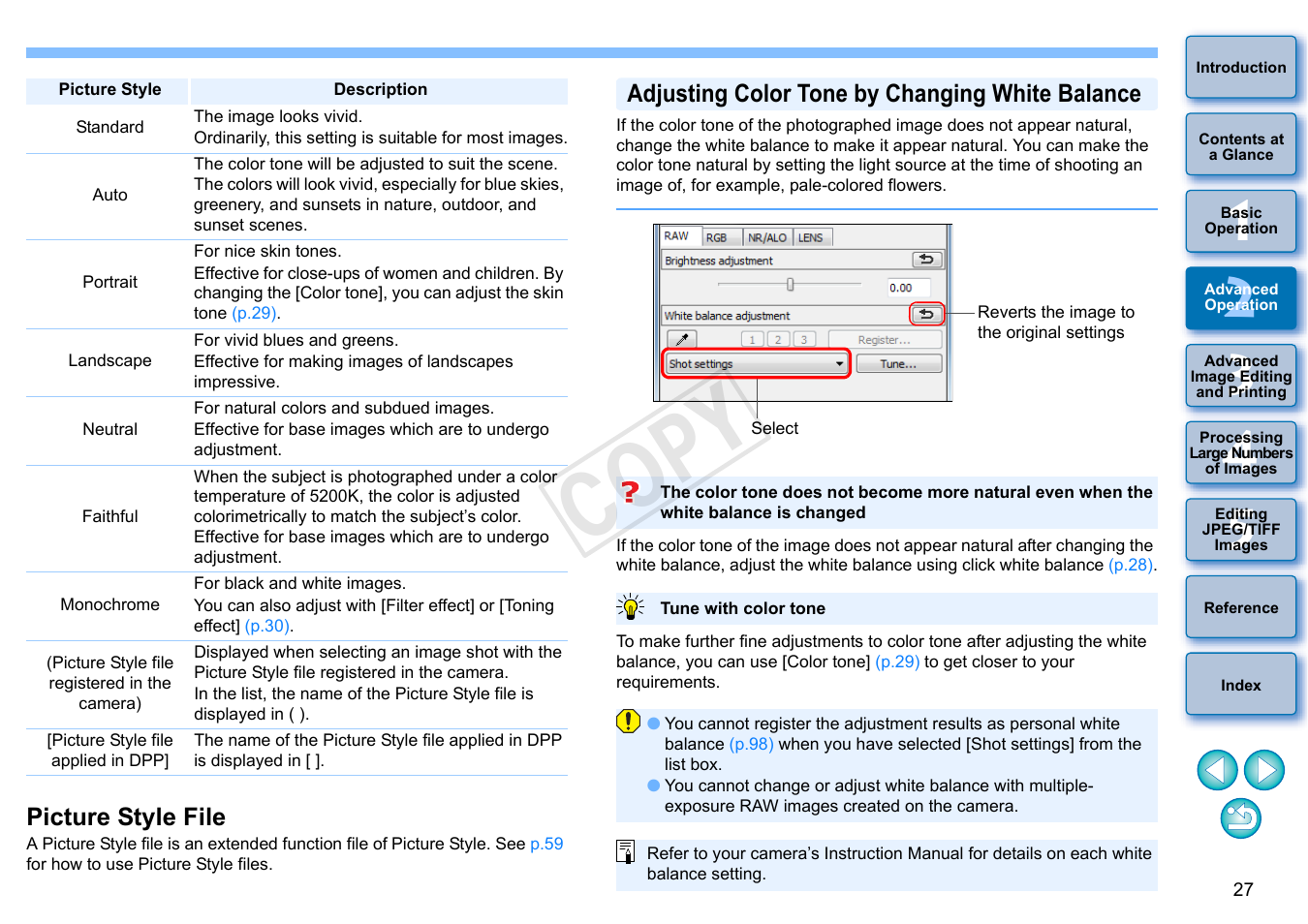 P.27, Picture style file, Adjusting color tone by changing white balance | Cop y | Canon EOS 60DA User Manual | Page 28 / 150