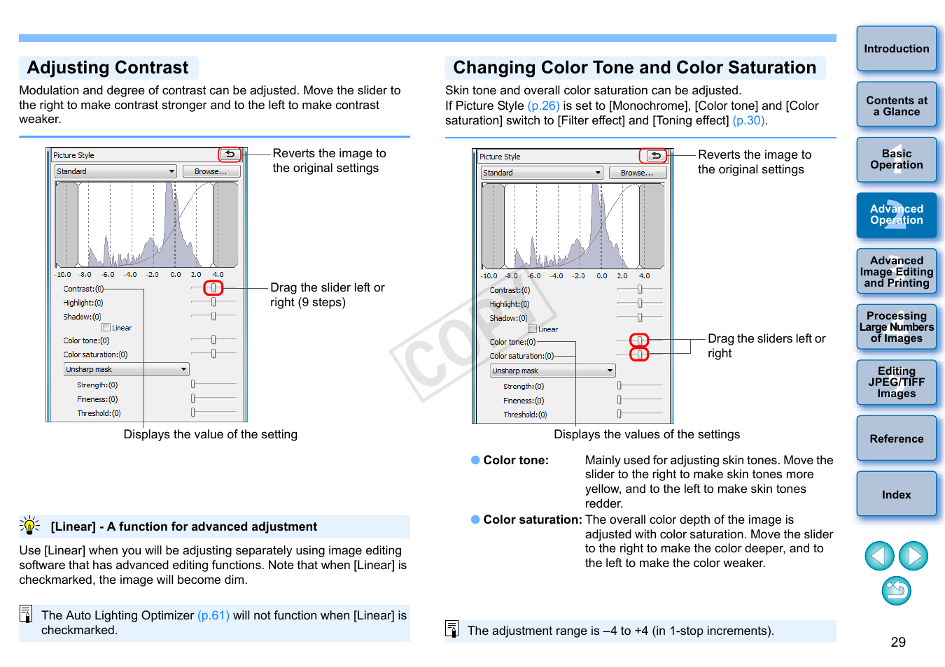 P.29, Adjusting contrast, Changing color tone and color saturation | Tone, P.29), Cop y | Canon EOS 60DA User Manual | Page 30 / 150
