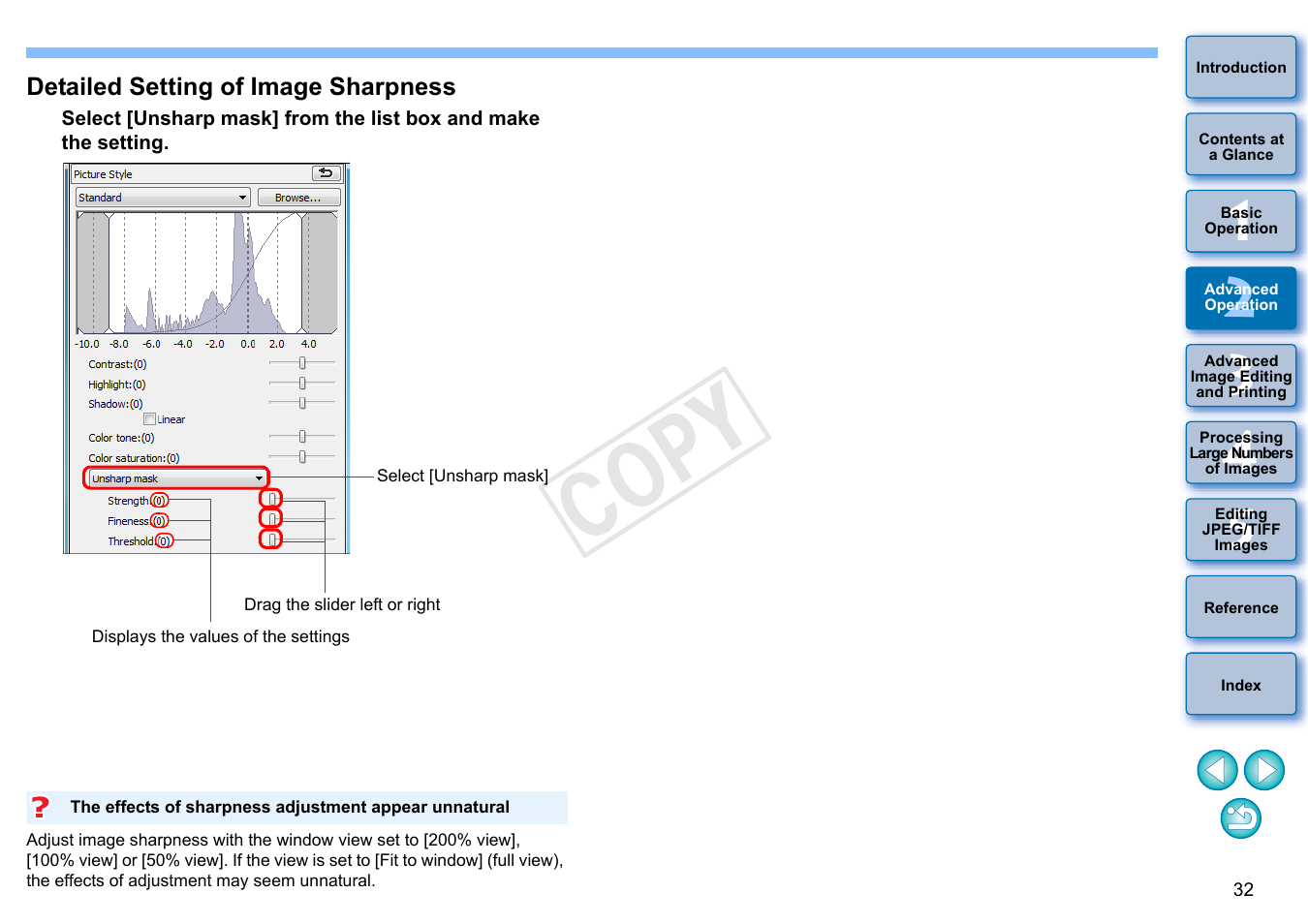 Detailed setting of image sharpness, Cop y | Canon EOS 60DA User Manual | Page 33 / 150