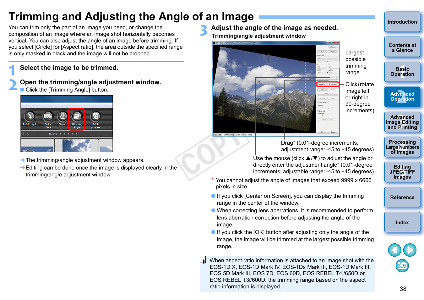 Trimming and adjusting the angle of an image, P.38, P.38, p.111) | Cop y | Canon EOS 60DA User Manual | Page 39 / 150
