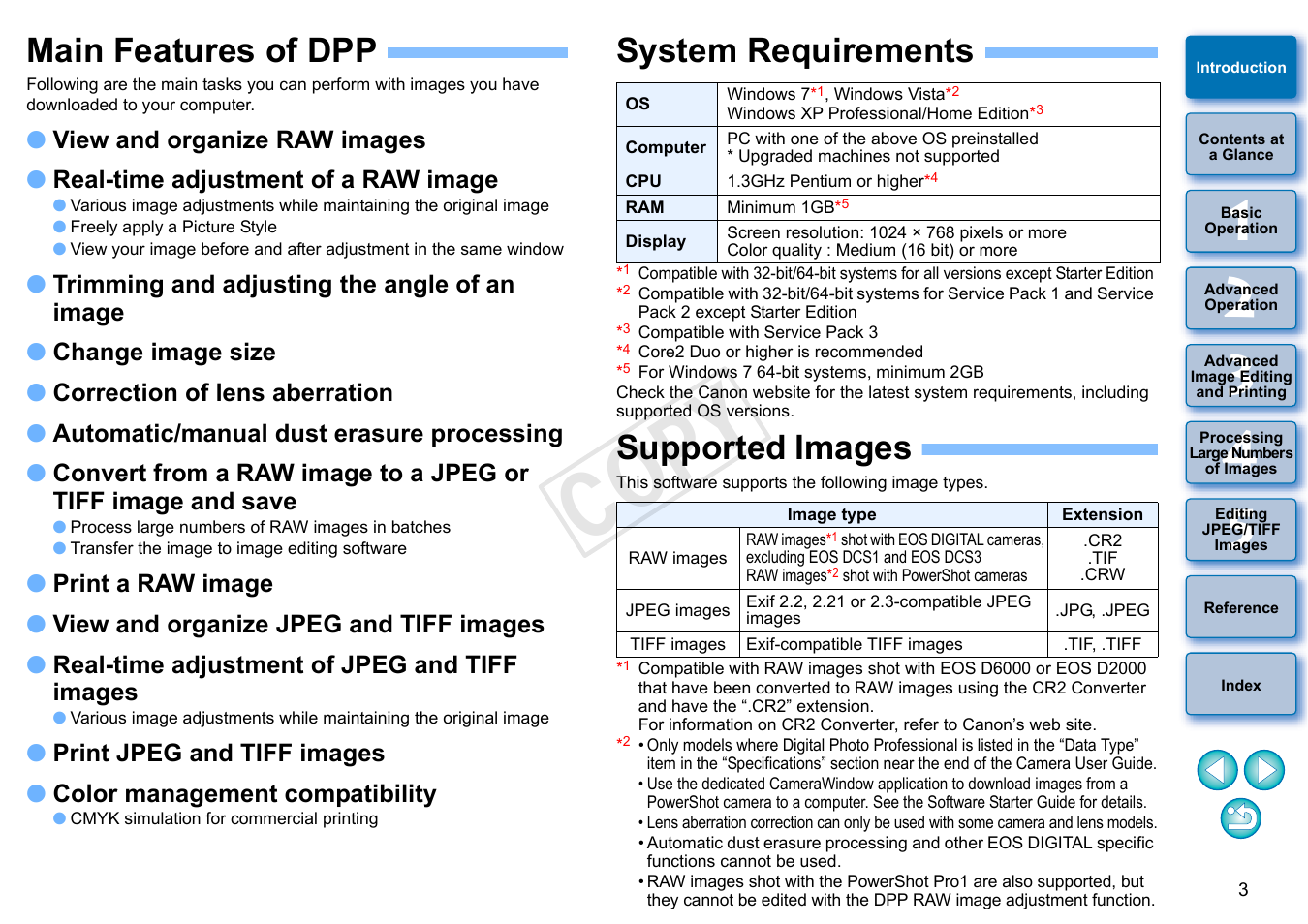 Main features of dpp, System requirements, Supported images | Cop y | Canon EOS 60DA User Manual | Page 4 / 150