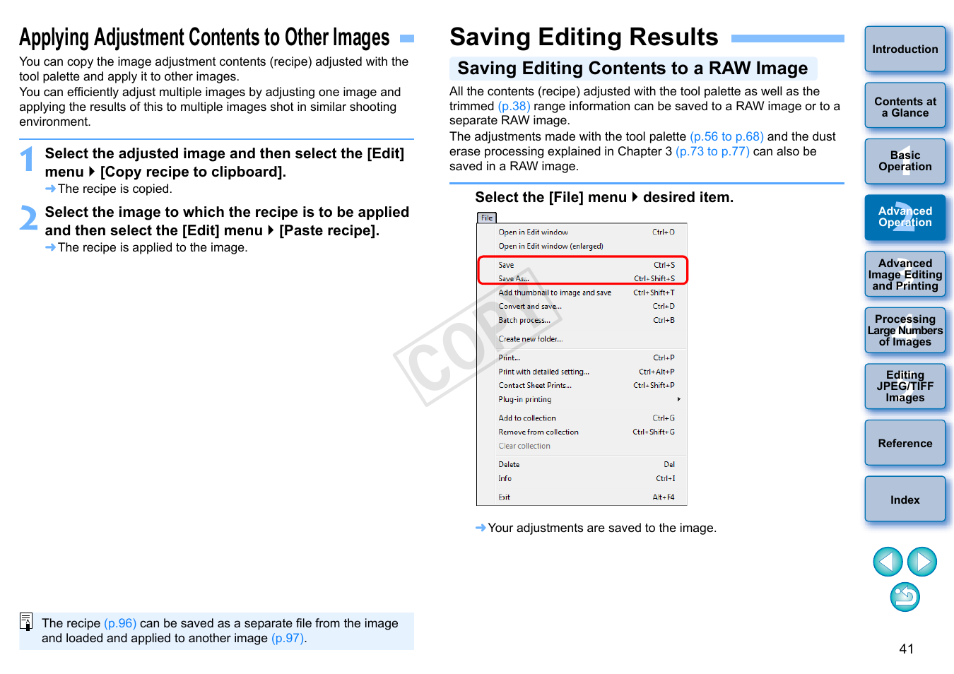 Applying adjustment contents to other images, Saving editing results, P.41) | Saving editing contents to a raw image, Cop y | Canon EOS 60DA User Manual | Page 42 / 150