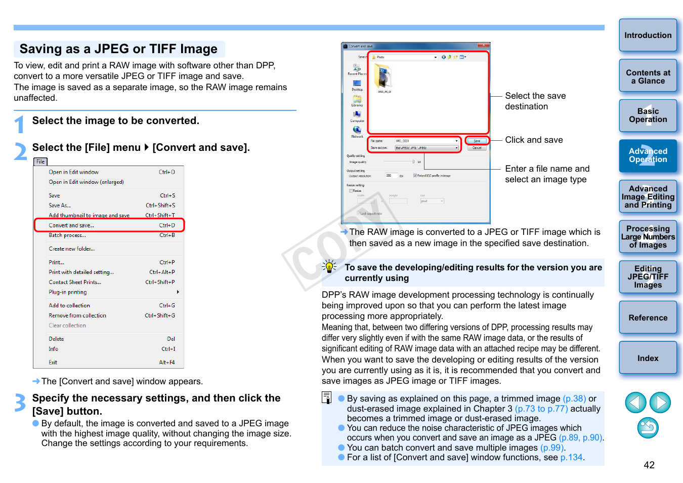P.42, p, P.42, p.13, P.42) | Saving as a jpeg or tiff image, P.42, Cop y | Canon EOS 60DA User Manual | Page 43 / 150