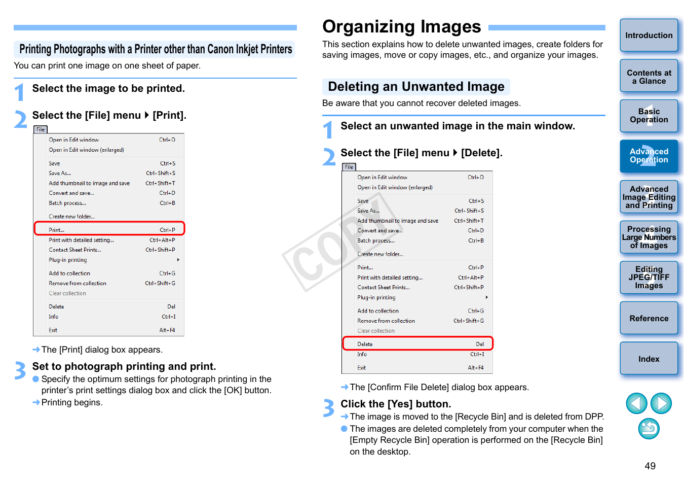 Organizing images, P.49), Deleting an unwanted image | Cop y | Canon EOS 60DA User Manual | Page 50 / 150