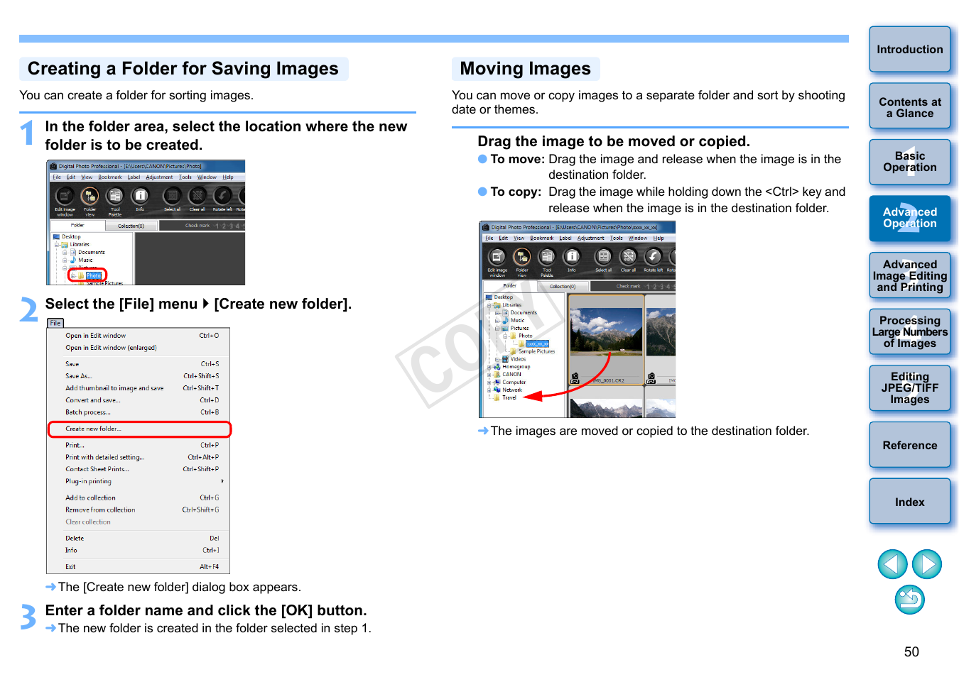 P.50, Creating a folder for saving images, Moving images | Image, P.50), Cop y | Canon EOS 60DA User Manual | Page 51 / 150