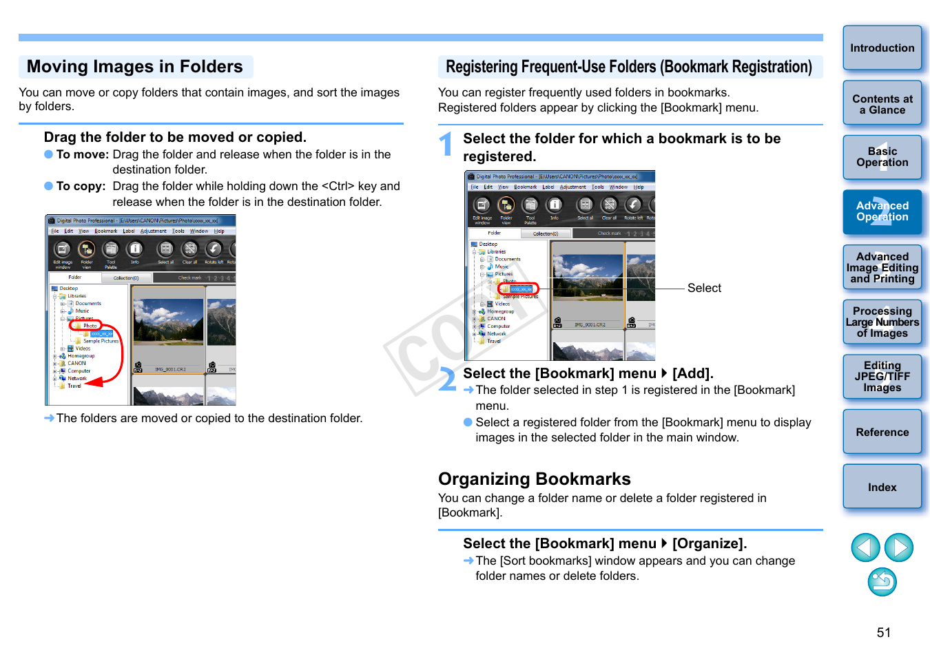 Moving images in folders, Organizing bookmarks, Cop y | Canon EOS 60DA User Manual | Page 52 / 150