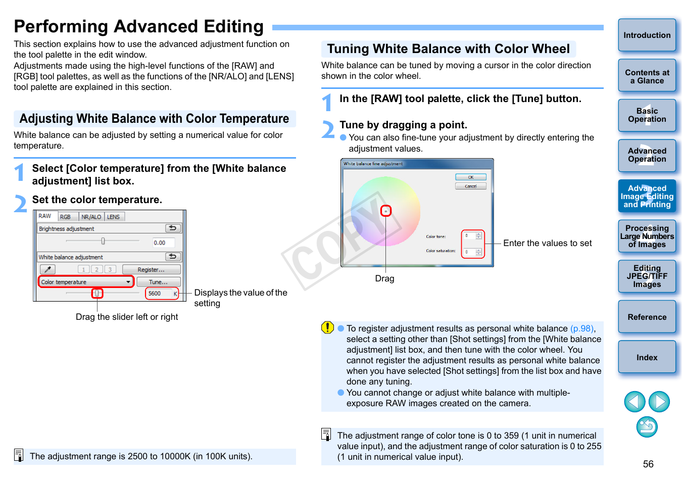Performing advanced editing, P.56, Adjusting white balance with color temperature | Tuning white balance with color wheel, Cop y | Canon EOS 60DA User Manual | Page 57 / 150