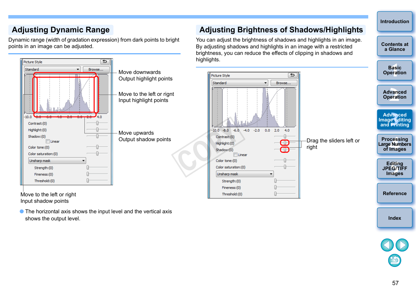 P.57, Adjusting dynamic range, Adjusting brightness of shadows/highlights | Cop y | Canon EOS 60DA User Manual | Page 58 / 150