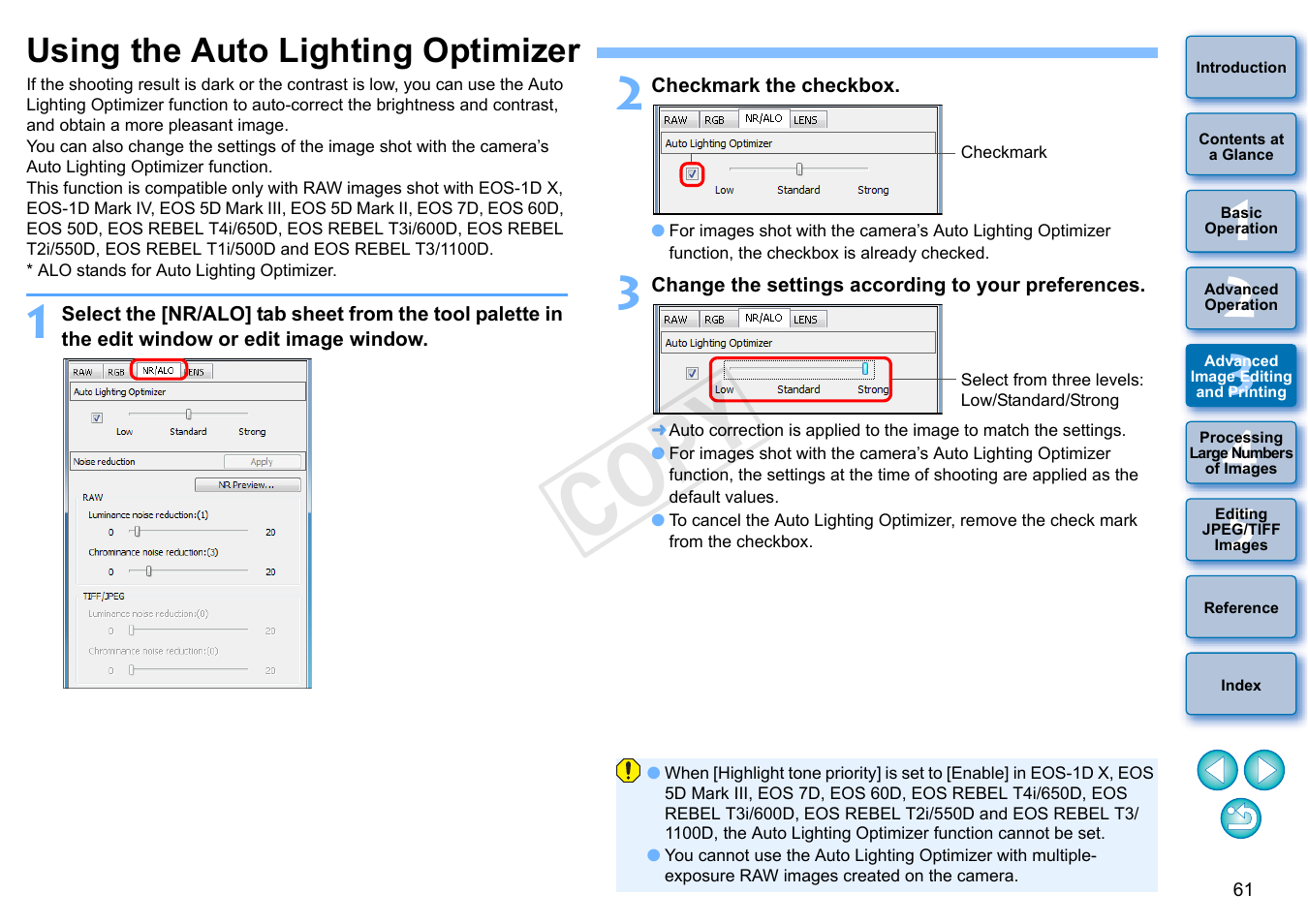 Using the auto lighting optimizer, P.61, Mizer | P.61), Cop y | Canon EOS 60DA User Manual | Page 62 / 150