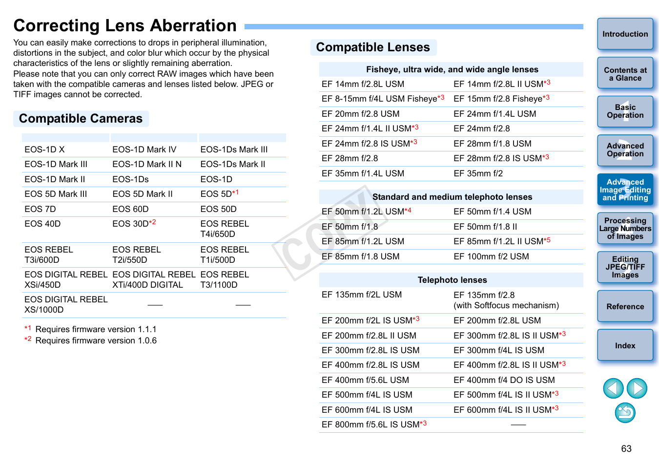 Correcting lens aberration, P.63, Compatible cameras | Compatible lenses, P.63), Cop y | Canon EOS 60DA User Manual | Page 64 / 150