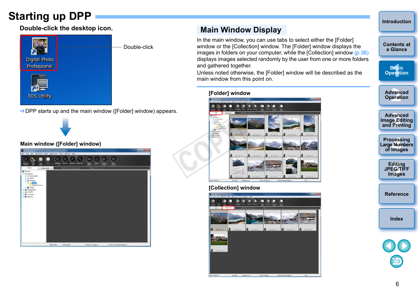 Starting up dpp, Main window display, Cop y | Canon EOS 60DA User Manual | Page 7 / 150