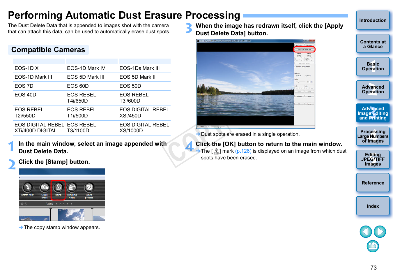 Performing automatic dust erasure processing, P.73, P.73 to | P.73 to p, Compatible cameras, Cop y | Canon EOS 60DA User Manual | Page 74 / 150