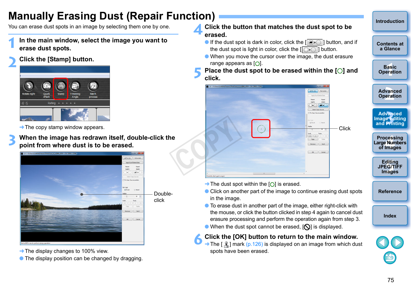 Manually erasing dust (repair function), P.75, P.75) | Cop y | Canon EOS 60DA User Manual | Page 76 / 150