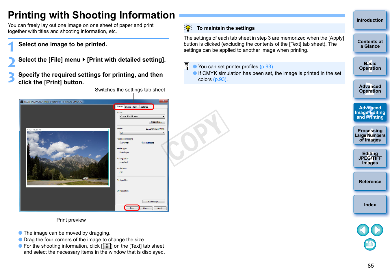 Printing with shooting information, P.85, P.85) | Rmation, Cop y | Canon EOS 60DA User Manual | Page 86 / 150