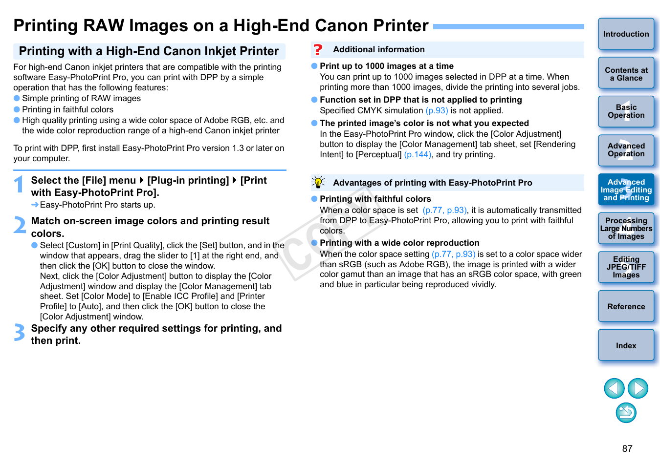 Printing raw images on a high-end canon printer, P.87), T pro | Printing with a high-end canon inkjet printer, Cop y | Canon EOS 60DA User Manual | Page 88 / 150