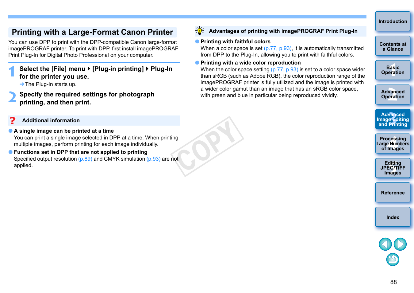 P.88, Printing with a large-format canon printer, Cop y | Canon EOS 60DA User Manual | Page 89 / 150