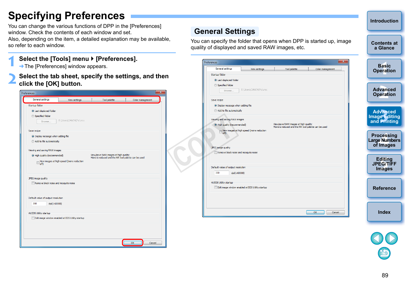 Specifying preferences, P.89, General settings | P.89), Tion, Cop y | Canon EOS 60DA User Manual | Page 90 / 150