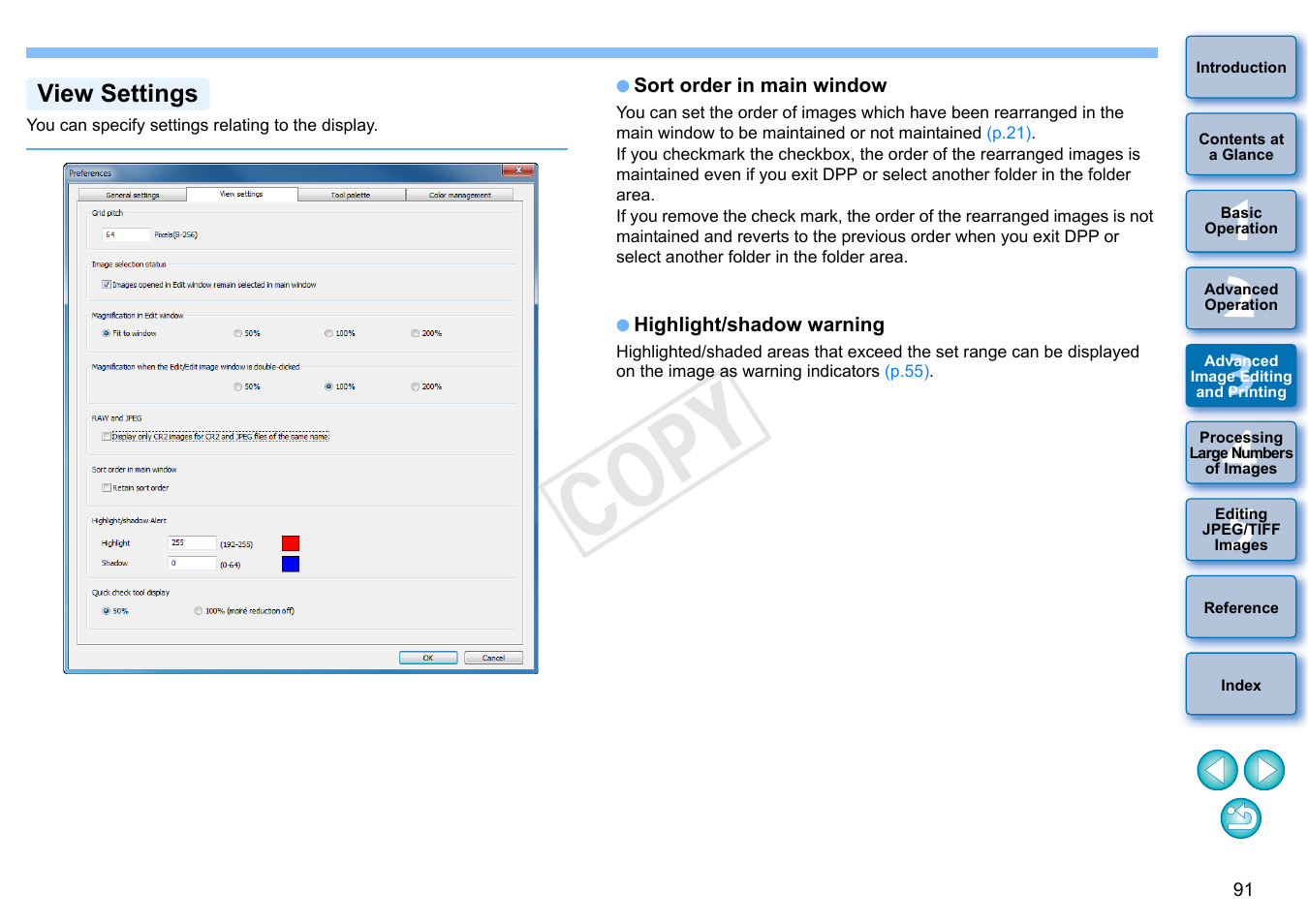 P.91), View settings, Cop y | Canon EOS 60DA User Manual | Page 92 / 150