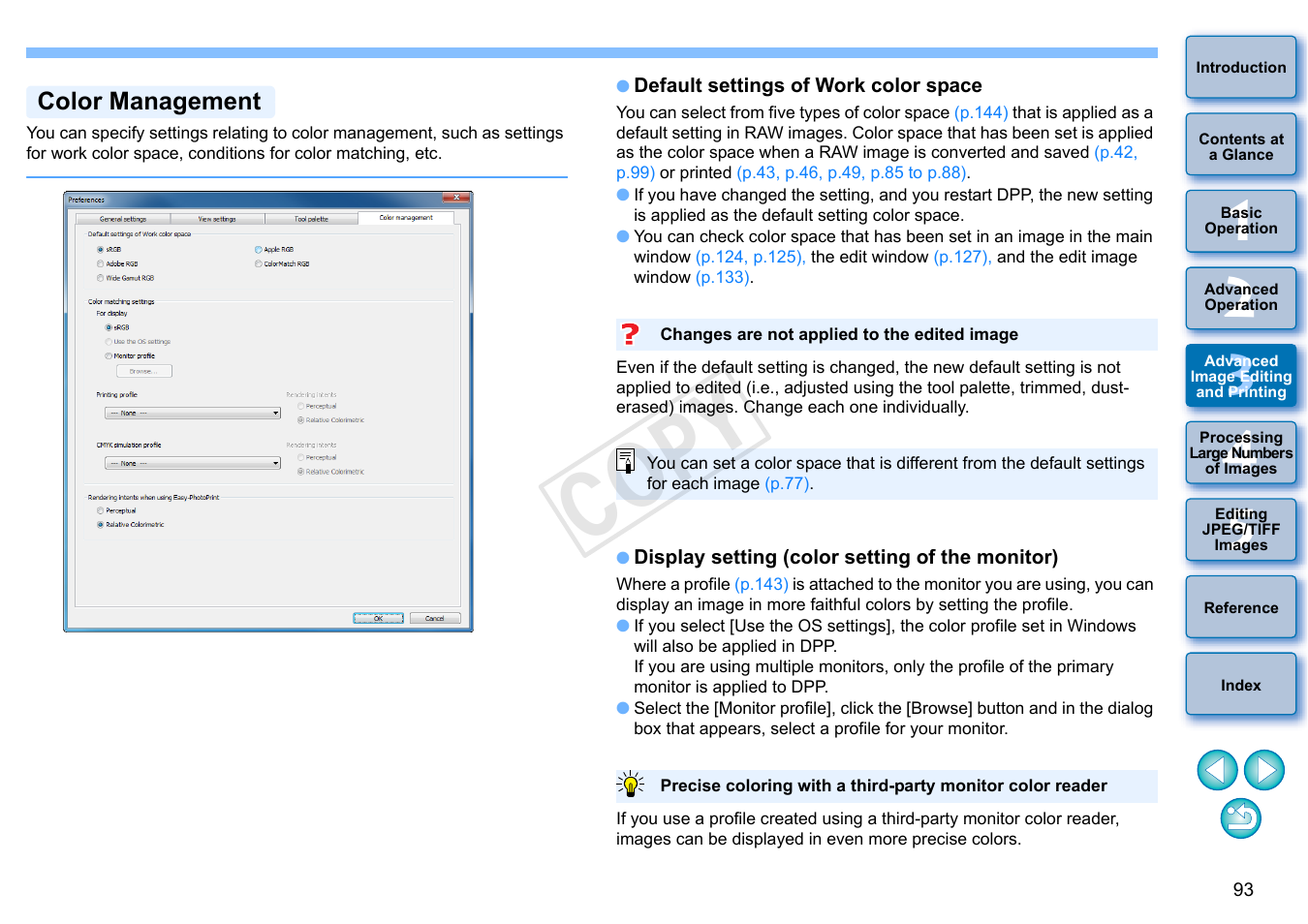 P.93, P.93), Color management | Lt settings, Tion, Is no, Cop y | Canon EOS 60DA User Manual | Page 94 / 150