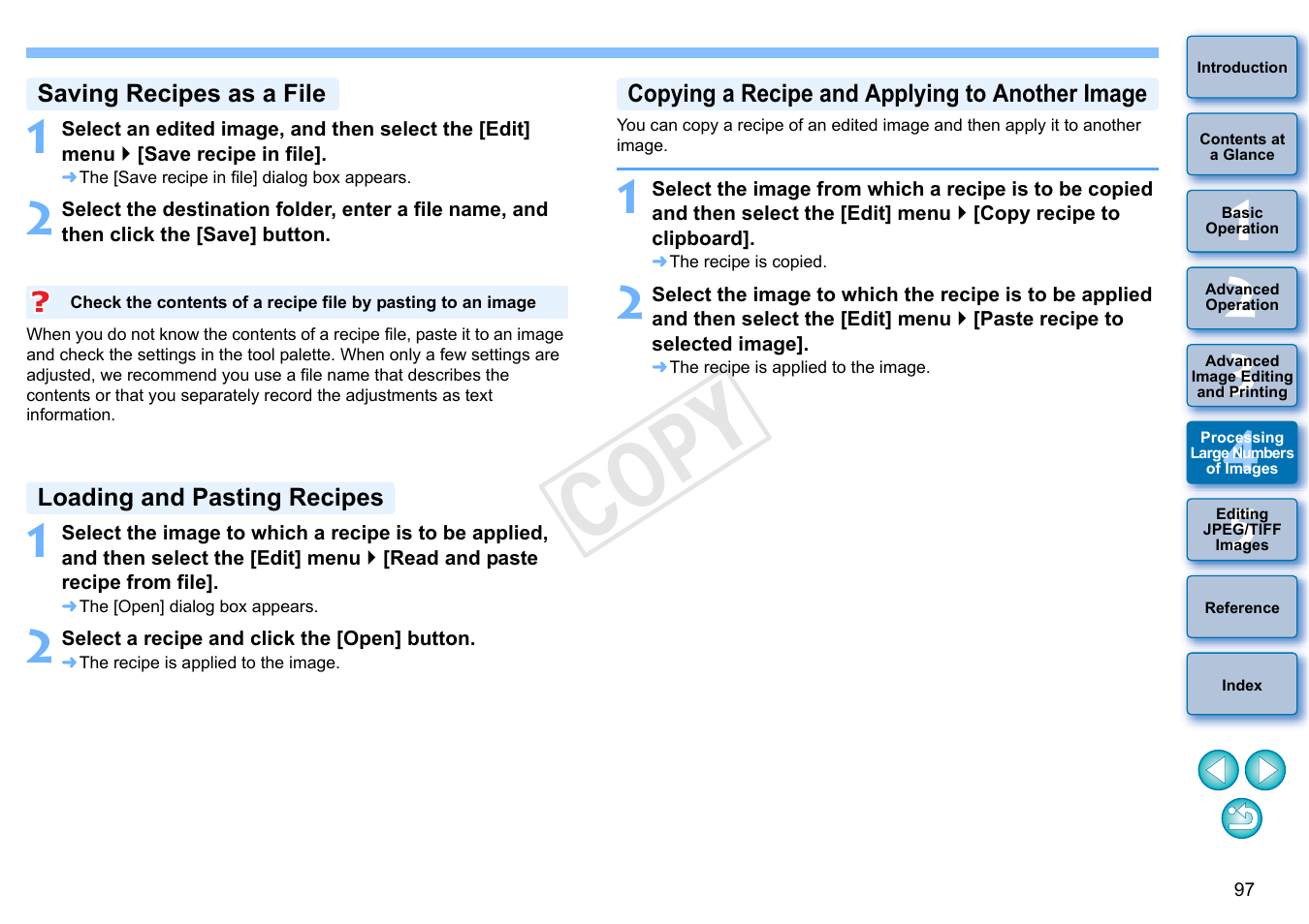 P.97), Saving recipes as a file, Loading and pasting recipes | Copying a recipe and applying to another image, Cop y | Canon EOS 60DA User Manual | Page 98 / 150