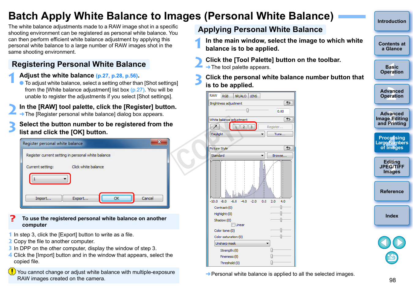 P.98), Registering personal white balance, Applying personal white balance | Cop y | Canon EOS 60DA User Manual | Page 99 / 150