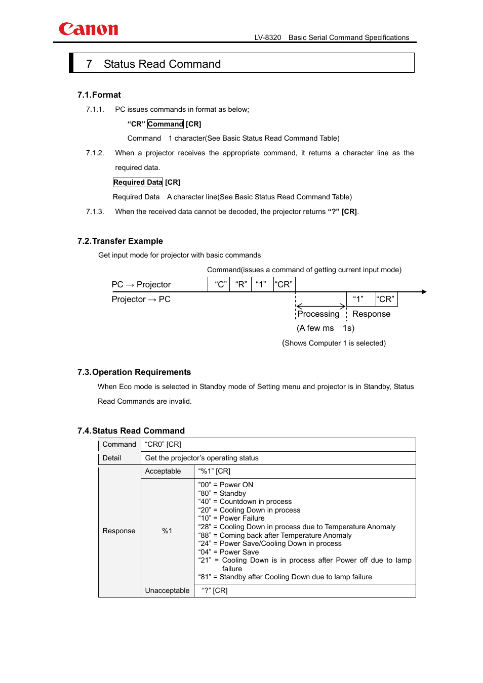 7．status read command | Canon LV-8320 User Manual | Page 22 / 26