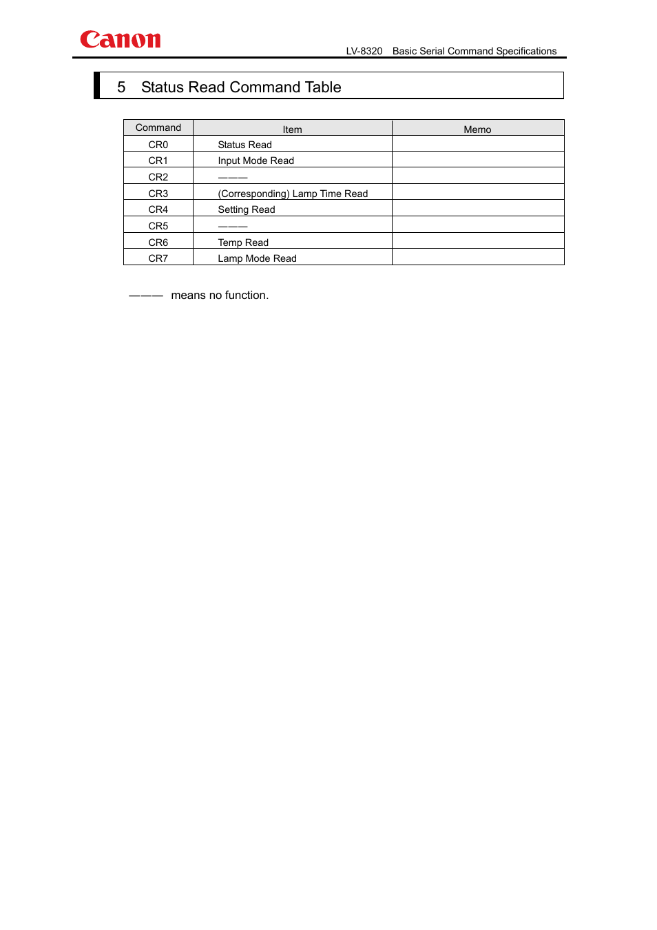 5．status read command table | Canon LV-8320 User Manual | Page 9 / 26