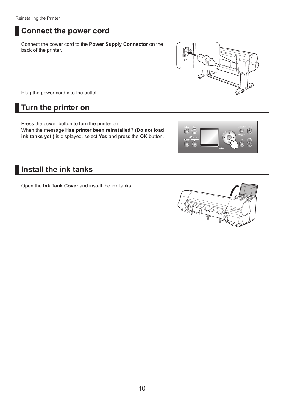Connect the power cord, Install the ink tanks, Turn the printer on | Canon imagePROGRAF iPF815 MFP M40 User Manual | Page 10 / 24