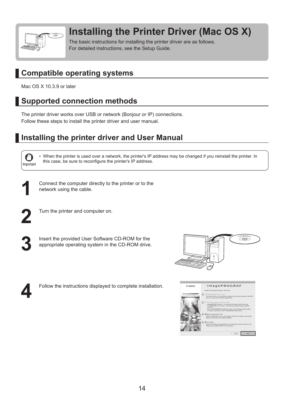 Installing the printer driver (mac os x) | Canon imagePROGRAF iPF815 MFP M40 User Manual | Page 14 / 24