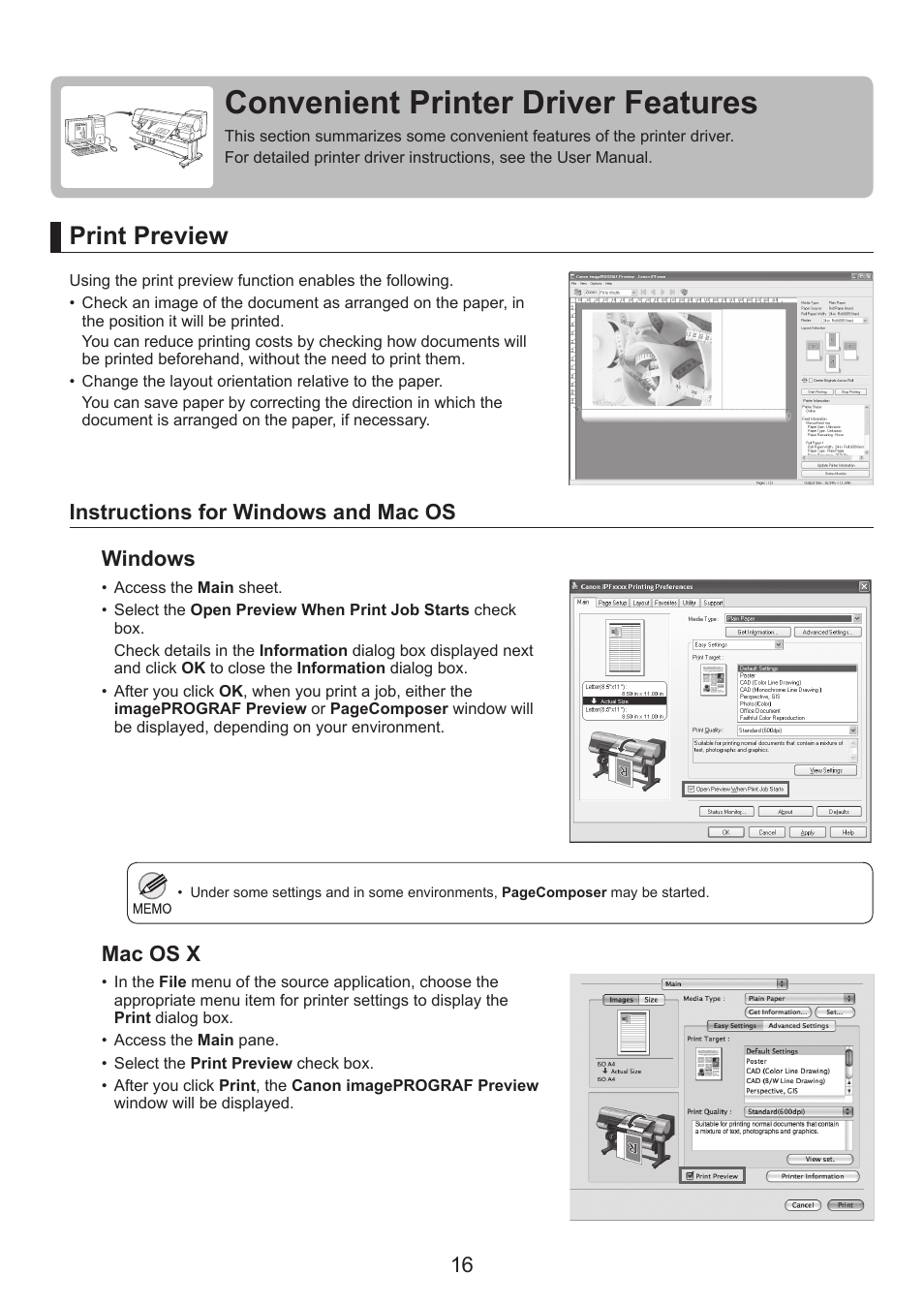 Convenient printer driver features, Print preview, Instructions for windows and mac os | Windows mac os x | Canon imagePROGRAF iPF815 MFP M40 User Manual | Page 16 / 24