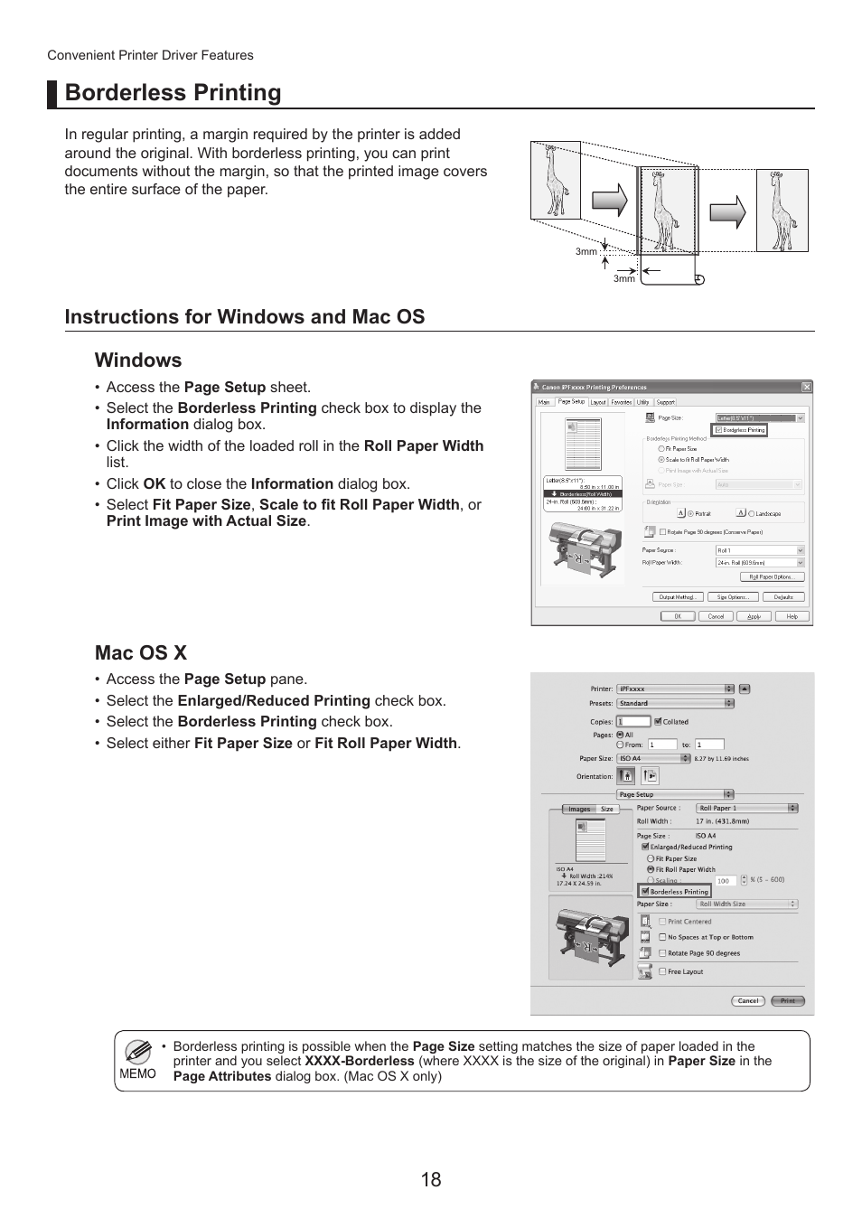 Borderless printing, Instructions for windows and mac os, Windows mac os x | Canon imagePROGRAF iPF815 MFP M40 User Manual | Page 18 / 24