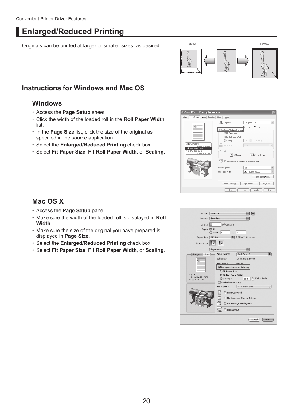 Enlarged/reduced printing, Instructions for windows and mac os, Windows mac os x | Canon imagePROGRAF iPF815 MFP M40 User Manual | Page 20 / 24