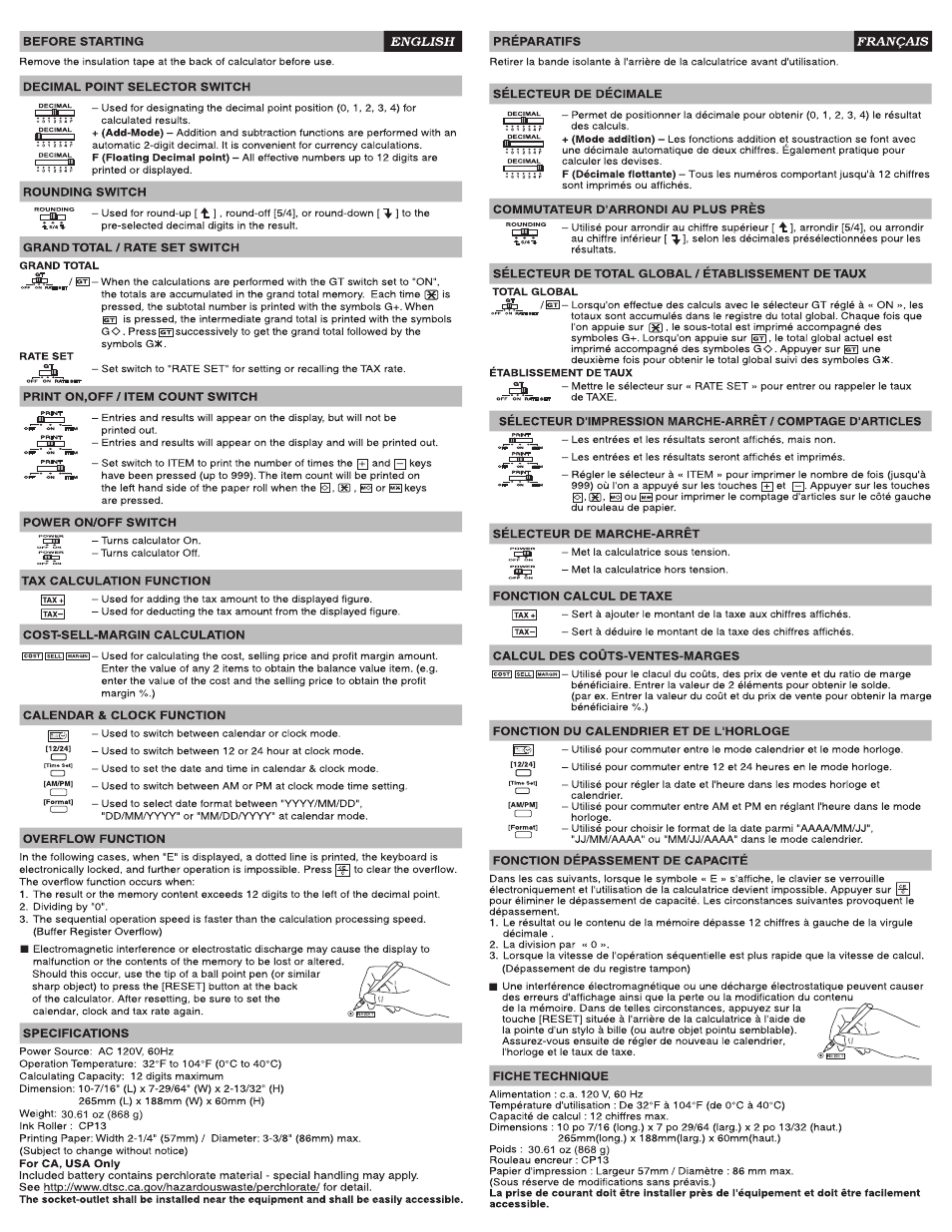 Before starting, Decimal point selector switch, Rounding switch | Grand total / rate set switch, Print on,off / item count switch, Power on/off switch, Tax calculation function, Cost-sell-margin calculation, Overflow function, Preparatifs | Canon P160-DH User Manual | Page 2 / 4