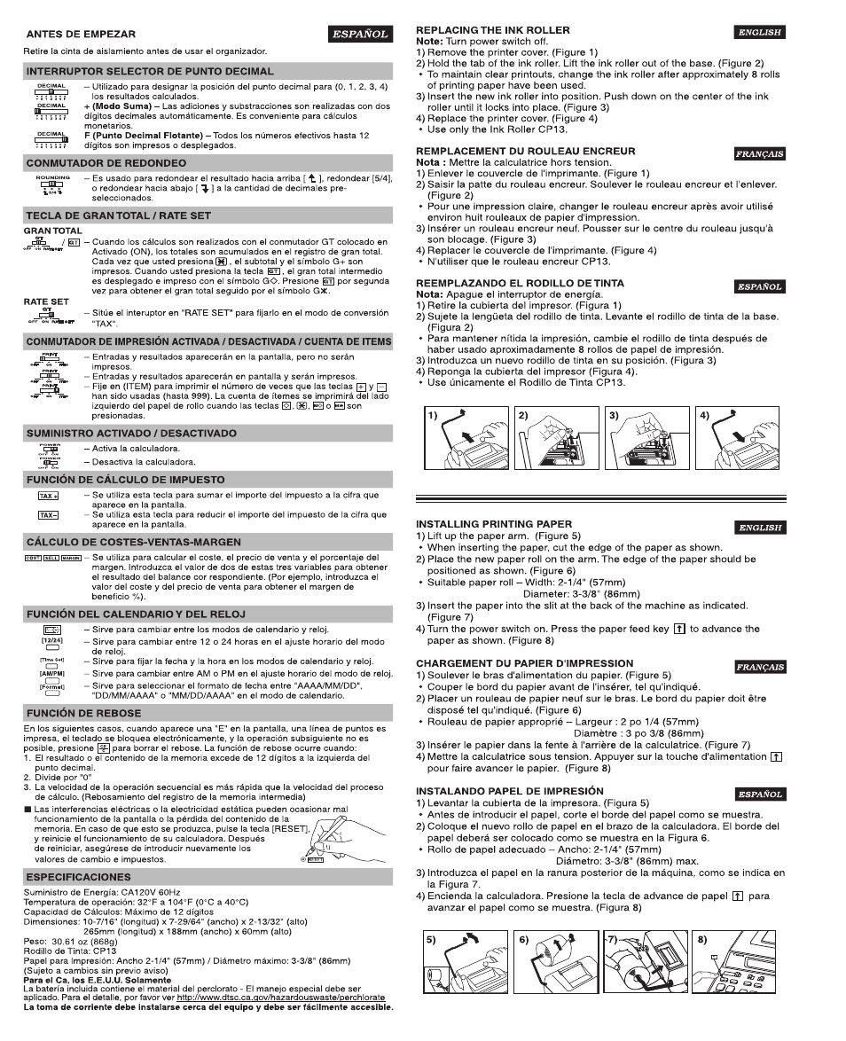 Antes de empezar, Interruptor selector de punto decimal, Conmutador de redondeo | Tecla de gran total / rate set, Suministro activado / desactivado, Función de cálculo de impuesto, Cálculo de costes-ventas-margen, Función del calendario y del reloj, Función de rebose, Especificaciones | Canon P160-DH User Manual | Page 3 / 4