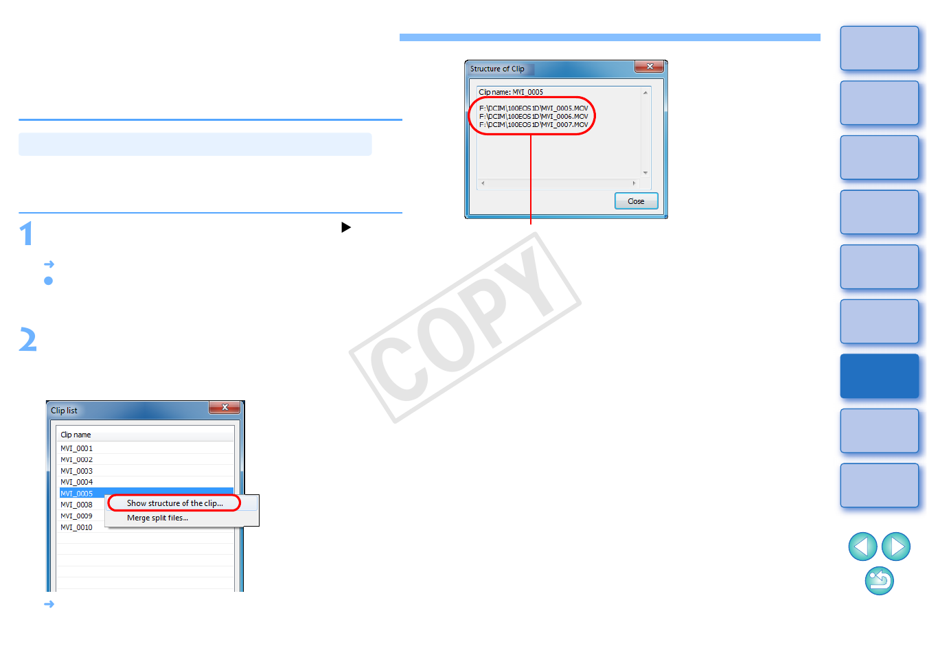 Merging and saving movie files, Checking the movie files in a movie clip, Cop y | Canon EOS-1D C User Manual | Page 18 / 26