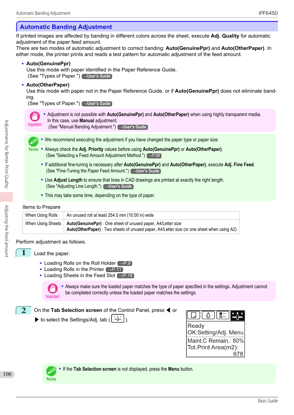 Automatic banding adjustment | Canon imagePROGRAF iPF6450 User Manual | Page 100 / 159