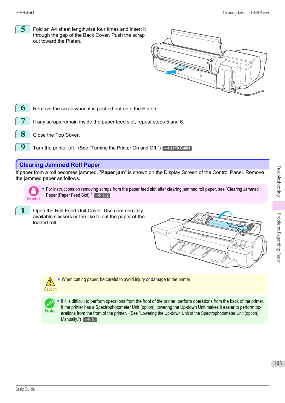 Clearing jammed roll paper | Canon imagePROGRAF iPF6450 User Manual | Page 103 / 159