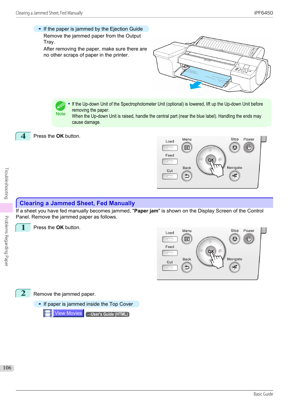 Clearing a jammed sheet, fed manually | Canon imagePROGRAF iPF6450 User Manual | Page 106 / 159