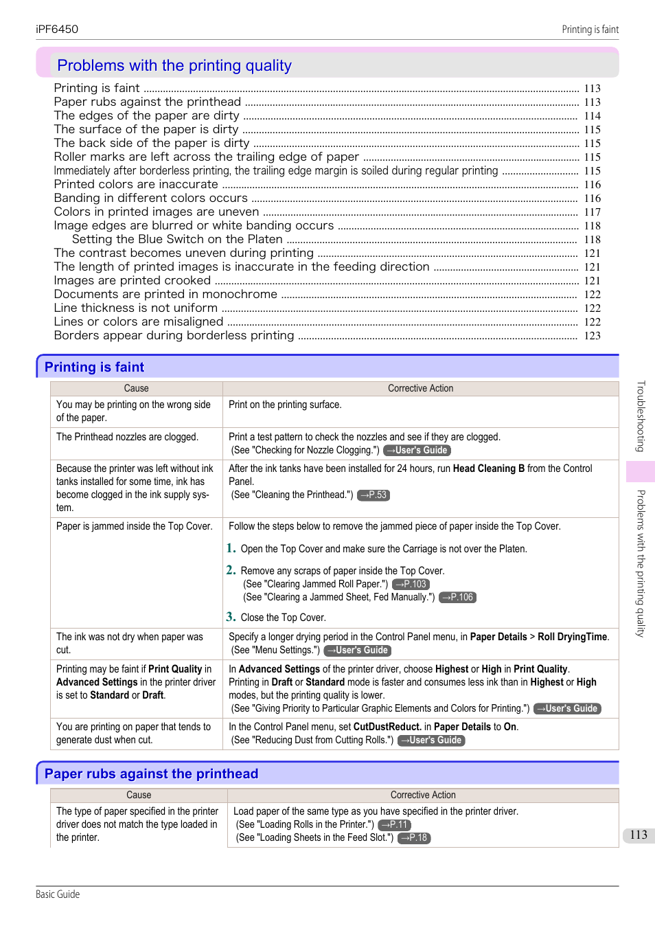 Problems with the printing quality, Printing is faint, Paper rubs against the printhead | Canon imagePROGRAF iPF6450 User Manual | Page 113 / 159