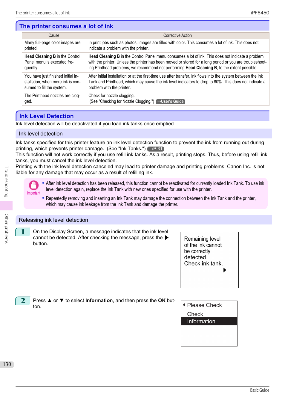 The printer consumes a lot of ink, Ink level detection | Canon imagePROGRAF iPF6450 User Manual | Page 130 / 159