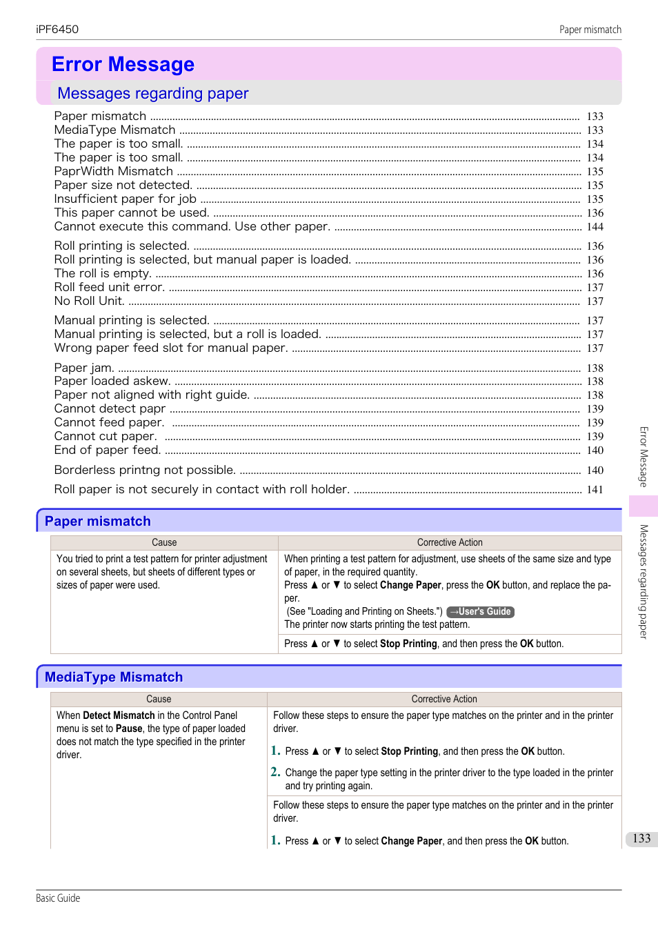 Error message, Messages regarding paper, Paper mismatch | Mediatype mismatch | Canon imagePROGRAF iPF6450 User Manual | Page 133 / 159