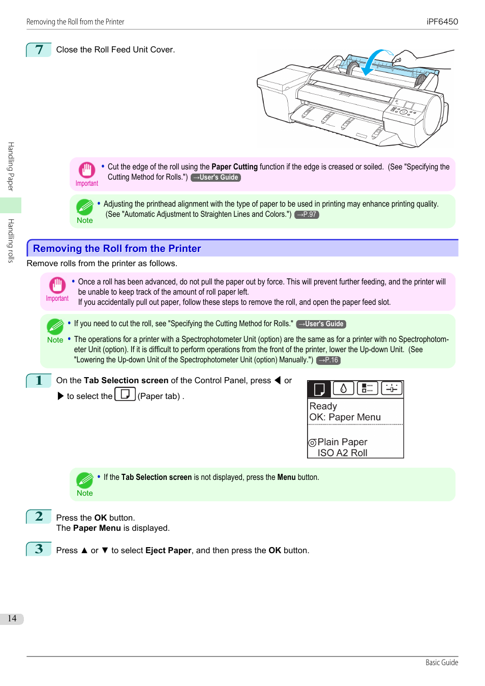 Removing the roll from the printer | Canon imagePROGRAF iPF6450 User Manual | Page 14 / 159