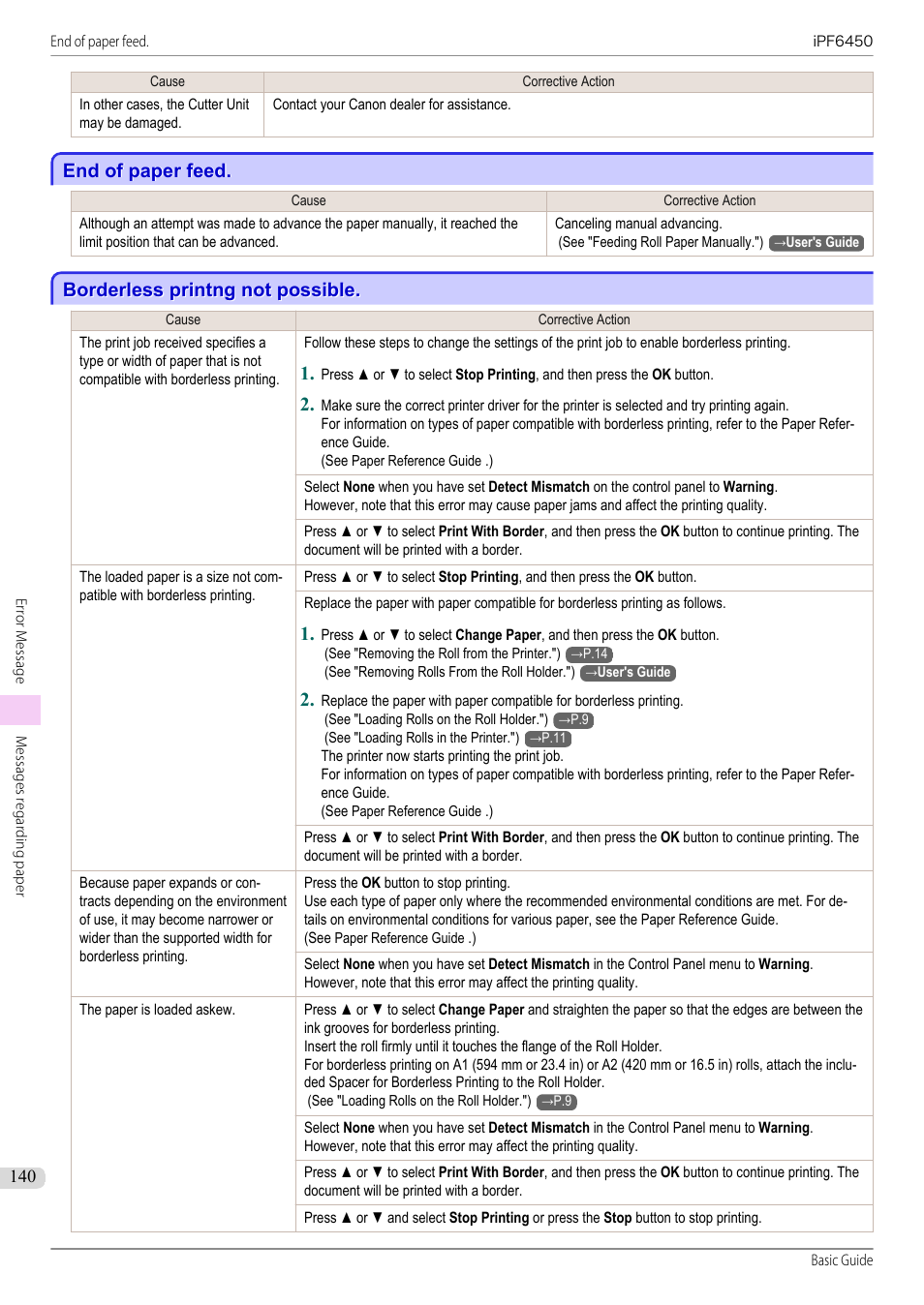 End of paper feed, Borderless printng not possible, End of paper feed borderless printng not possible | Canon imagePROGRAF iPF6450 User Manual | Page 140 / 159
