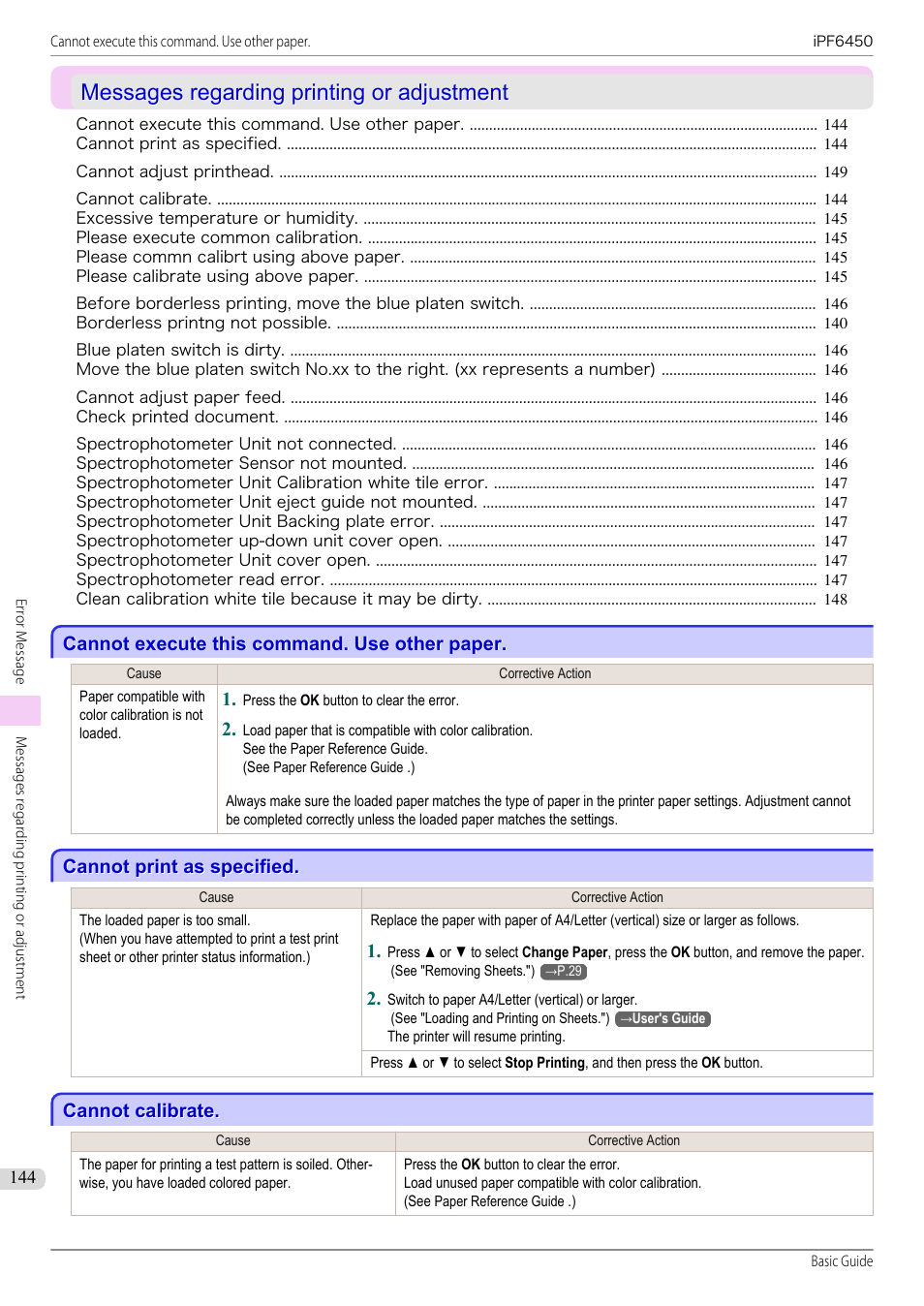 Messages regarding printing or adjustment, Cannot execute this command. use other paper, Cannot print as specified | Cannot calibrate | Canon imagePROGRAF iPF6450 User Manual | Page 144 / 159