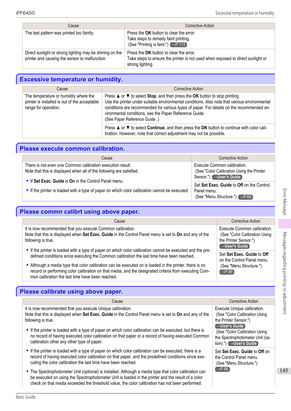 Excessive temperature or humidity, Please execute common calibration, Please commn calibrt using above paper | Please calibrate using above paper | Canon imagePROGRAF iPF6450 User Manual | Page 145 / 159
