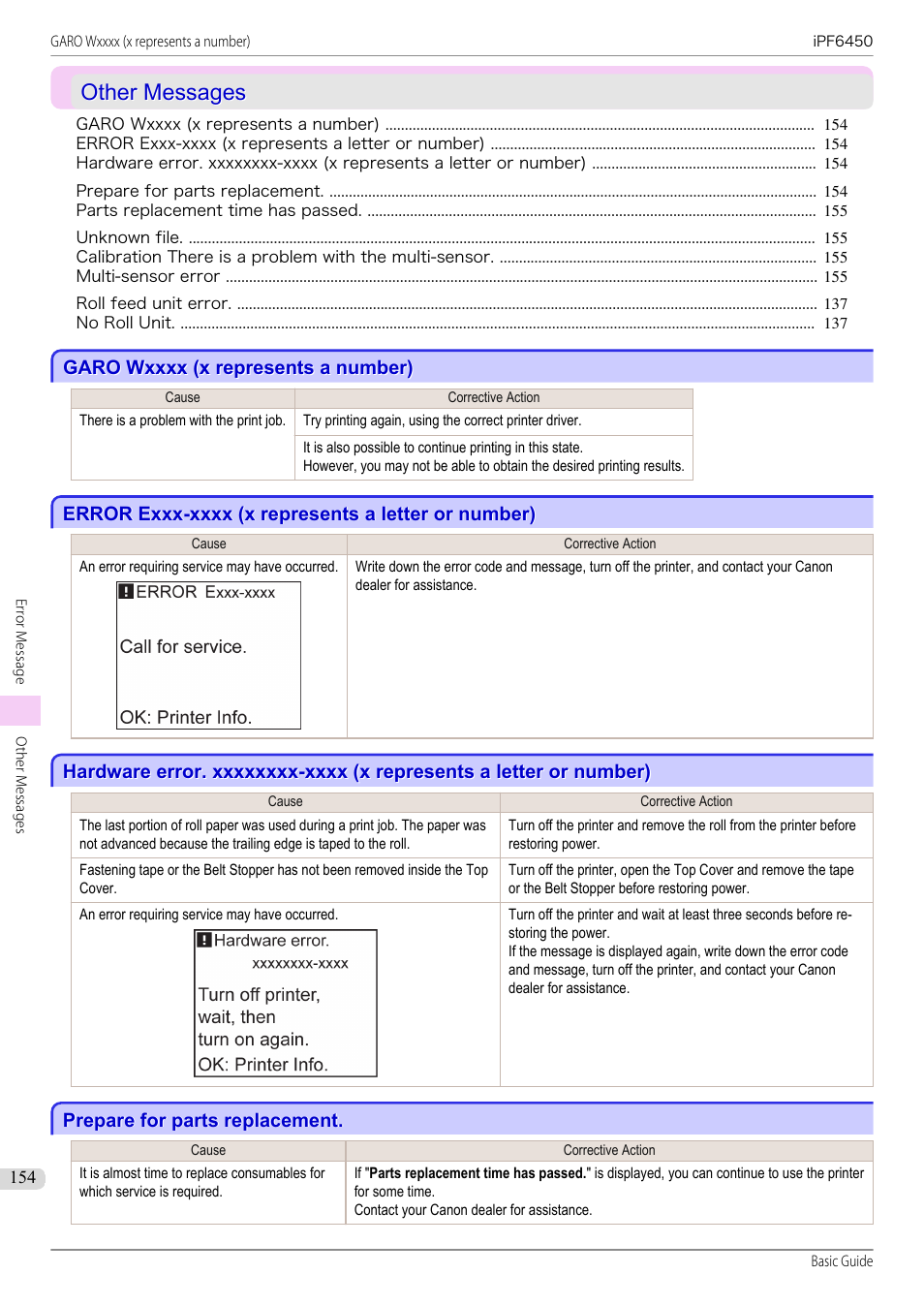 Other messages, Garo wxxxx (x represents a number), Error exxx-xxxx (x represents a letter or number) | Prepare for parts replacement | Canon imagePROGRAF iPF6450 User Manual | Page 154 / 159