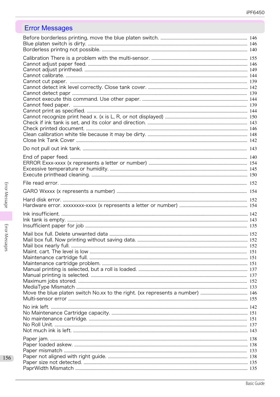 Error messages, See "error messages."), P.156 | Canon imagePROGRAF iPF6450 User Manual | Page 156 / 159